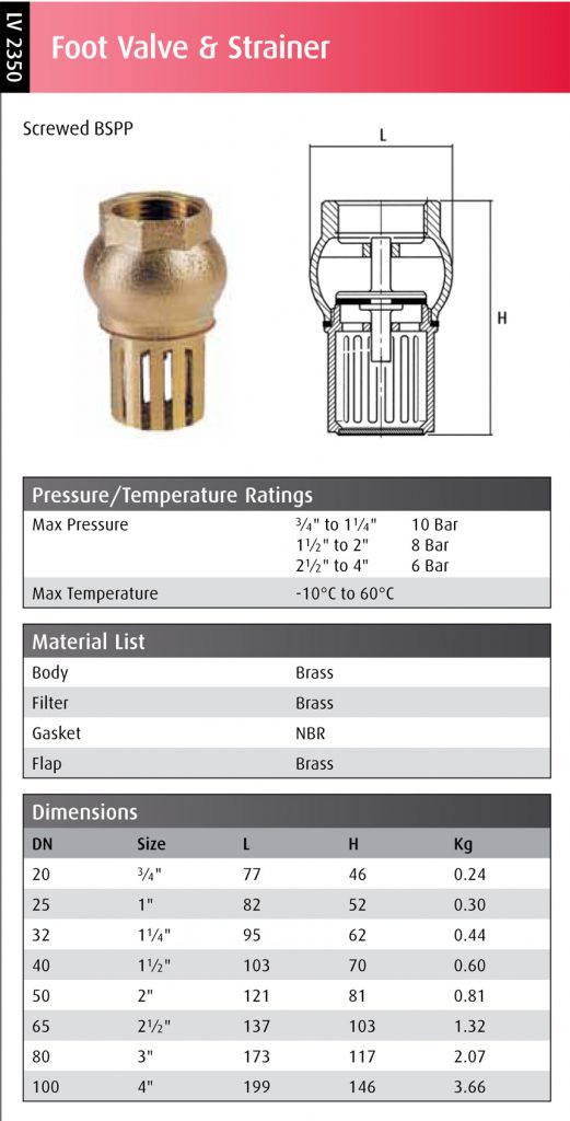 Foot Valve + Strainer - Datasheet